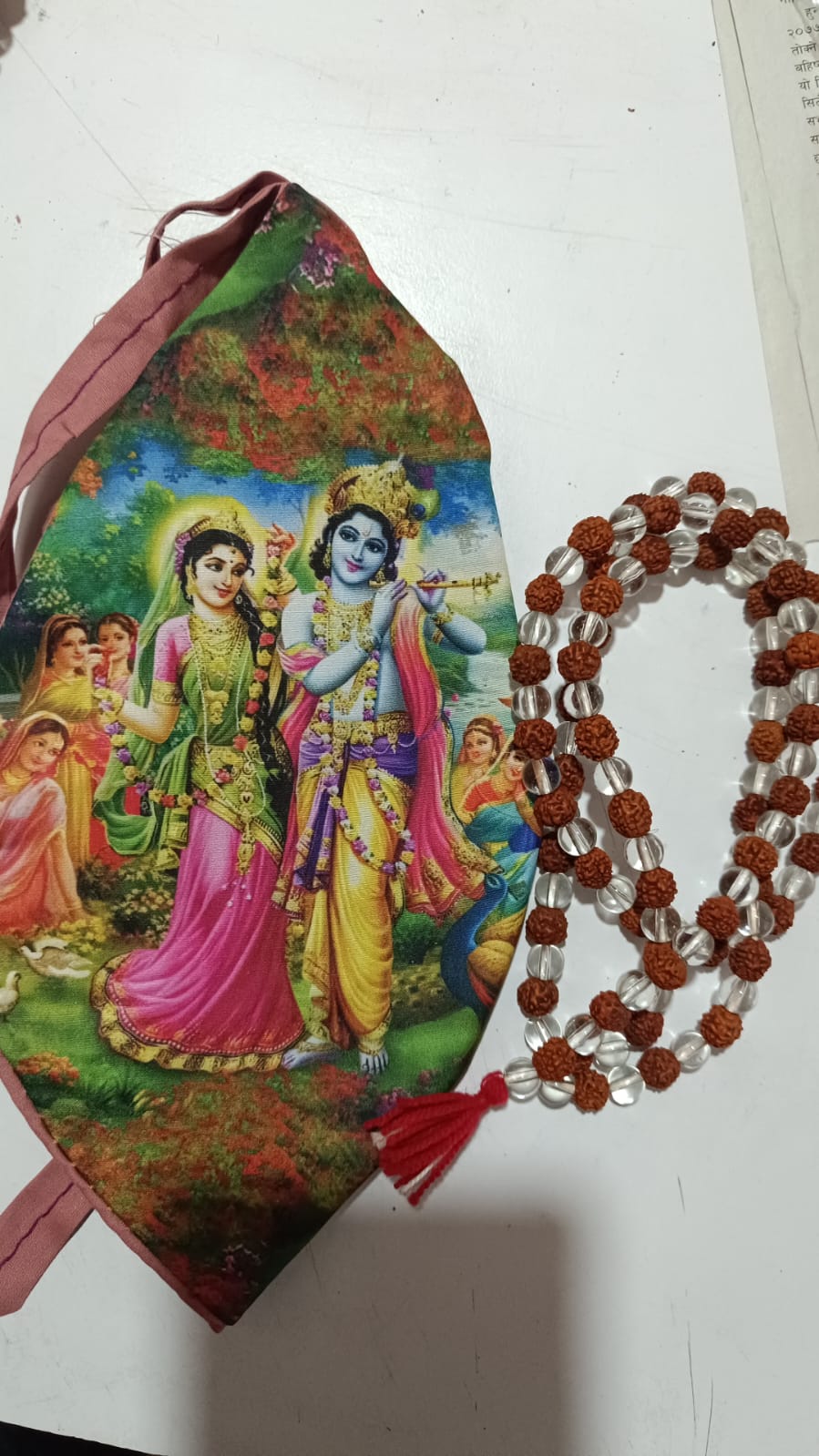 Jholi Jaap  Printed jap Jhola Radha Krishna jholi Goumukhi  Rudrakshya  Sphatic Mala Set गौमुखी जप झोली माला