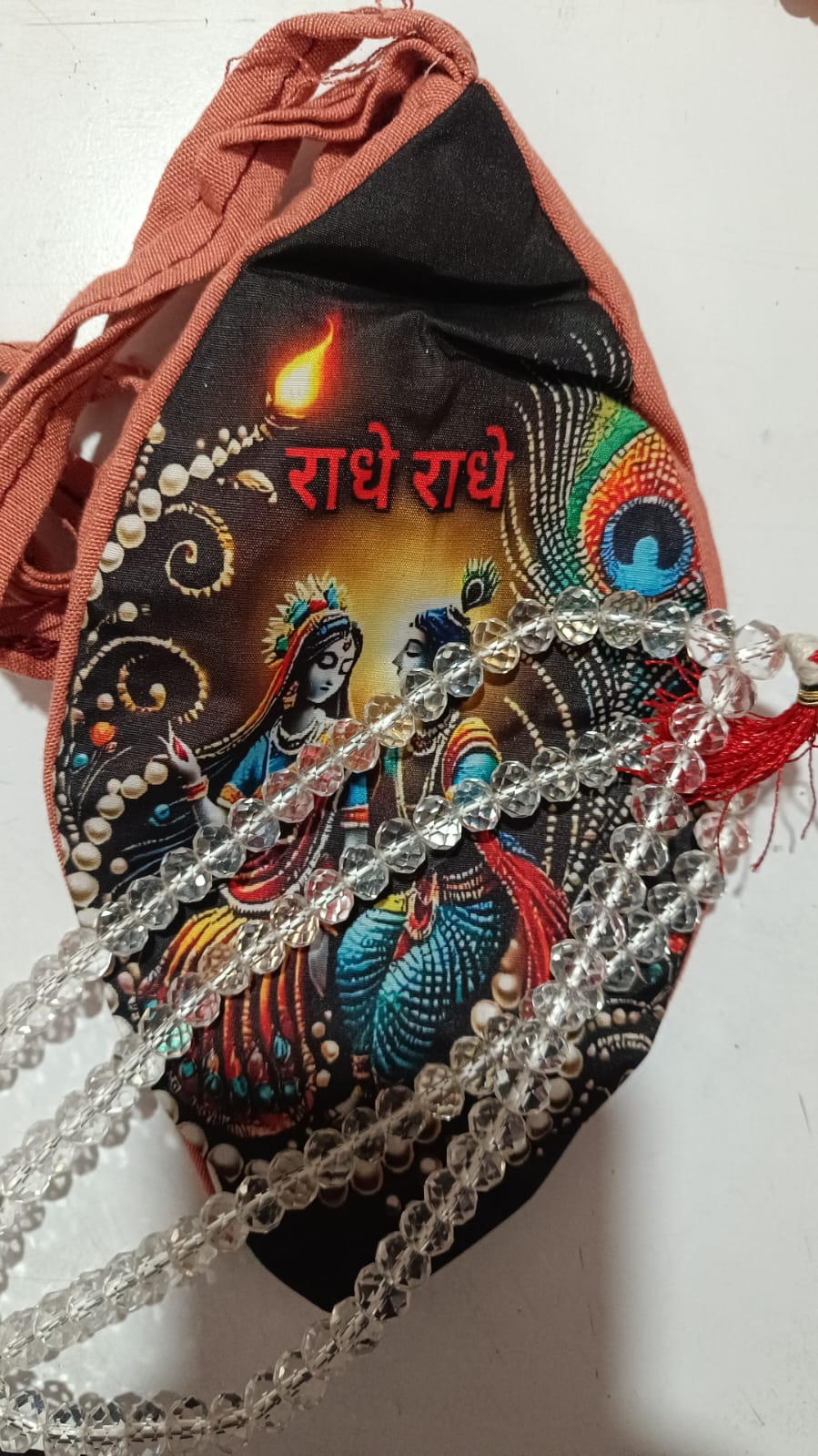 Jholi Jaap  Printed jap Jhola Radha Krishna jholi  Sphatic Mala Set गौमुखी जप झोली माला