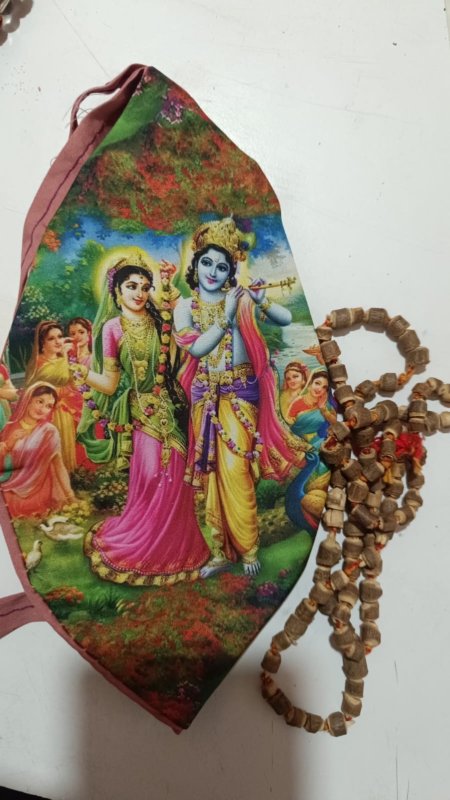 Jholi Jaap  Printed jap Jhola Radha Krishna jholi Goumukhi Tulasi Mala Set गौमुखी जप झोली माला