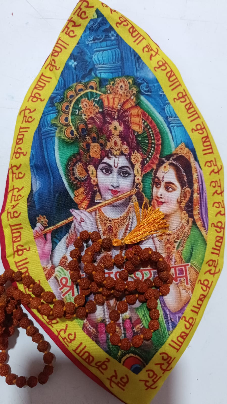 Jholi Jaap  Printed jap Jhola Radha Krishna jholi Goumukhi Rudraksha Mala Set गौमुखी जप झोली माला