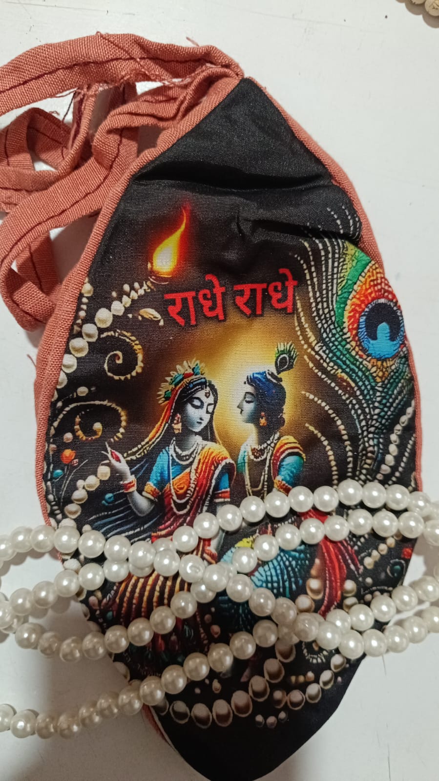 Jholi Jaap  Printed jap Jhola Radha Krishna jholi Goumukhi Moti Mala Set गौमुखी जप झोली माला